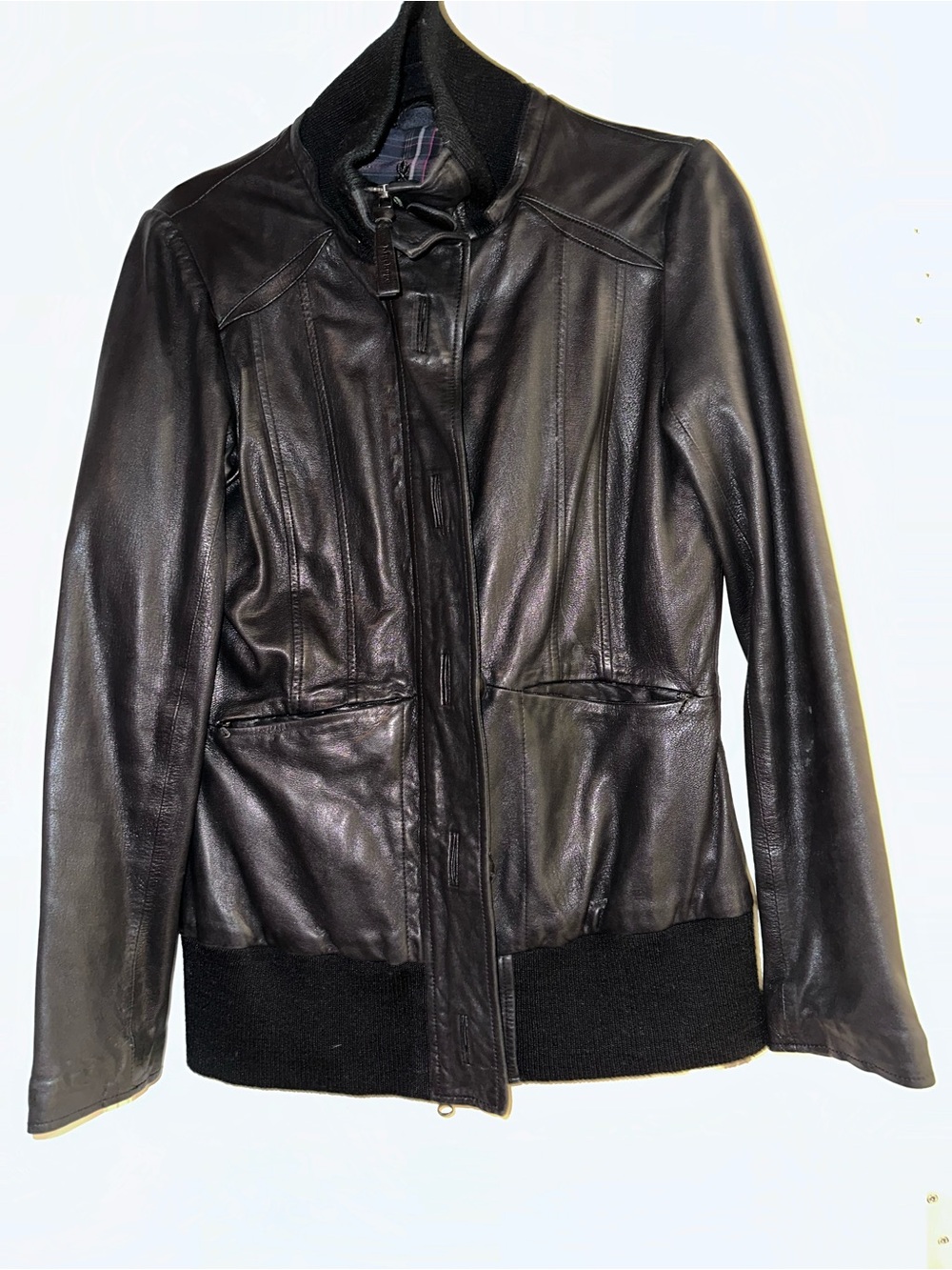 Mackage Black Plaid-Lined Leather Jacket with Embroidered Logo